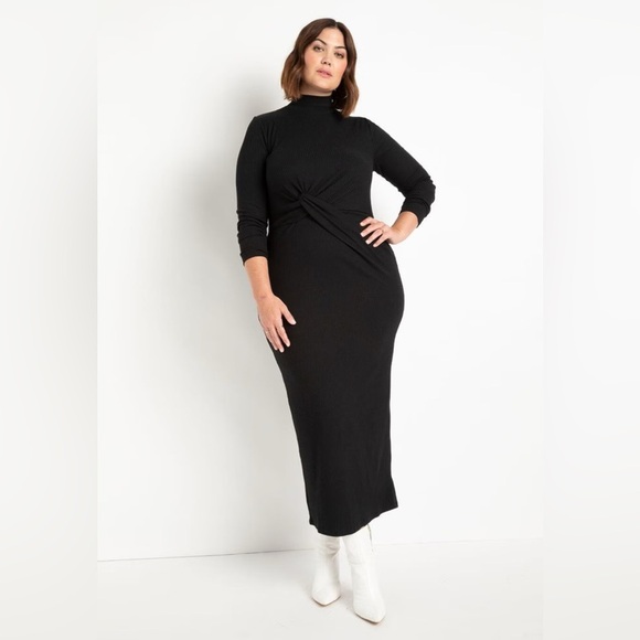 NWT Eloquii Knit Twist Detail Ribbed Dress 26/28 Black Maxi with Long Sleeves - Picture 1 of 6
